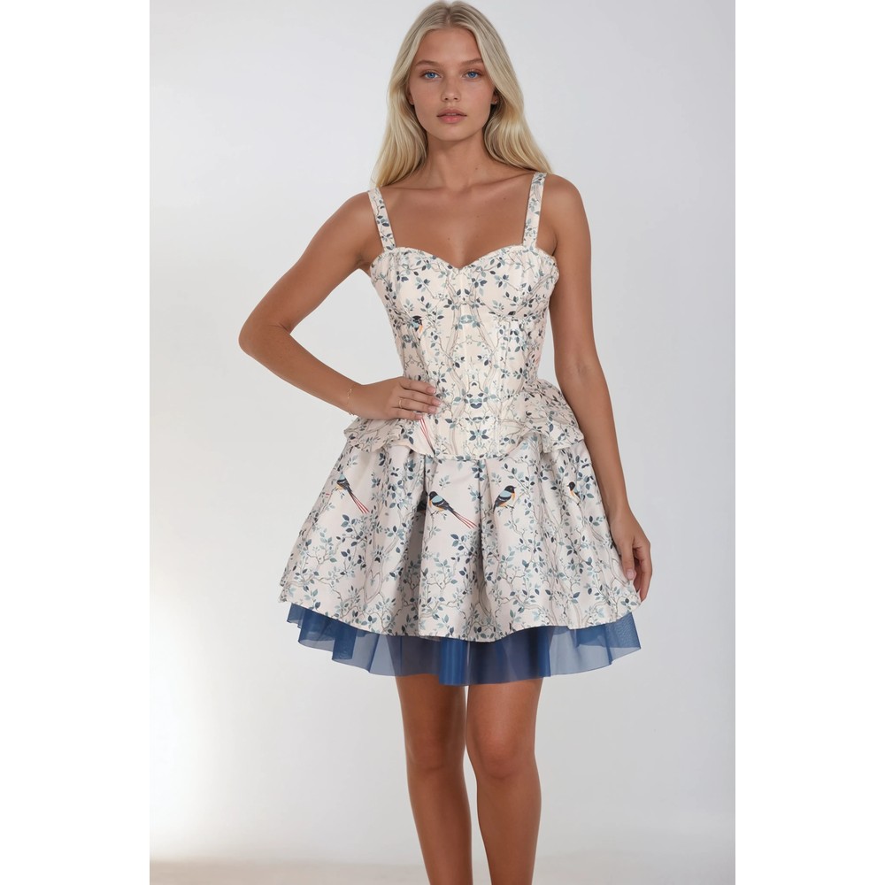 Attitude Corsets - Nolie Song Bird Corset Coord set - Cream/Blue